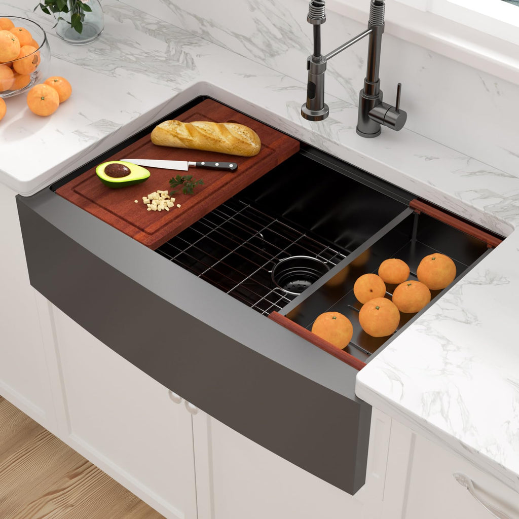 33 Farmhouse Sink Black Stainless Steel - 33 Inch Apron Front Ledge Workstation Gunmetal Black 16 Gauge Stainless