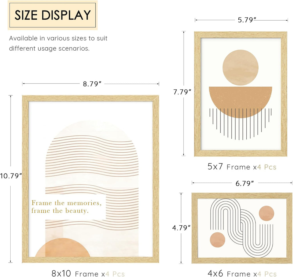 Natural Wood 12 Pack Mixed Size Gallery Frame | Multi-size Gallery Frames: 4pcs 8x10, 4pcs 5x7, 4pcs 4x6, Supports