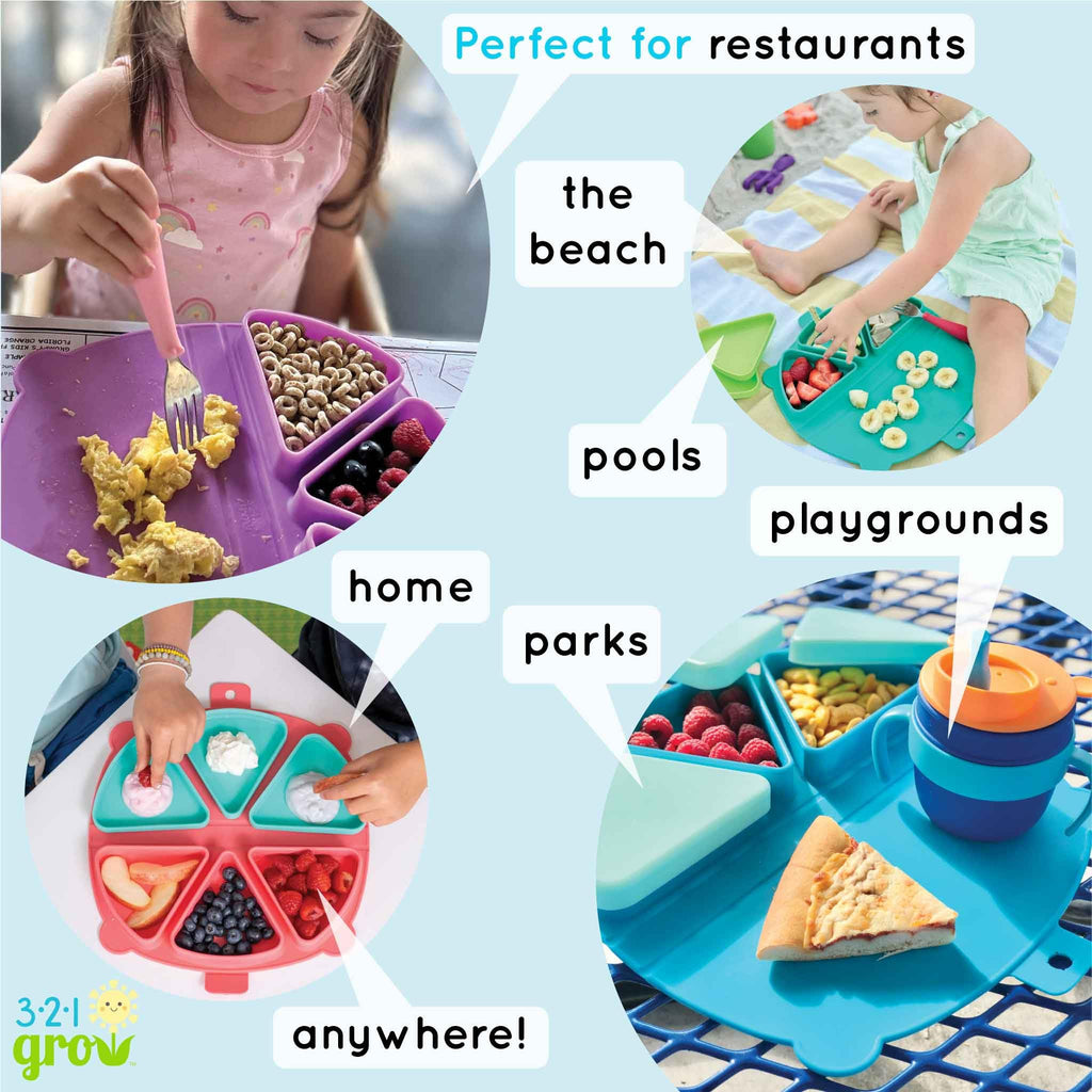 Silicone On-The-Go Snack Mat - Foldable Reusable Placemat with 3 Compartments and Lids - Travel-Friendly Baby and