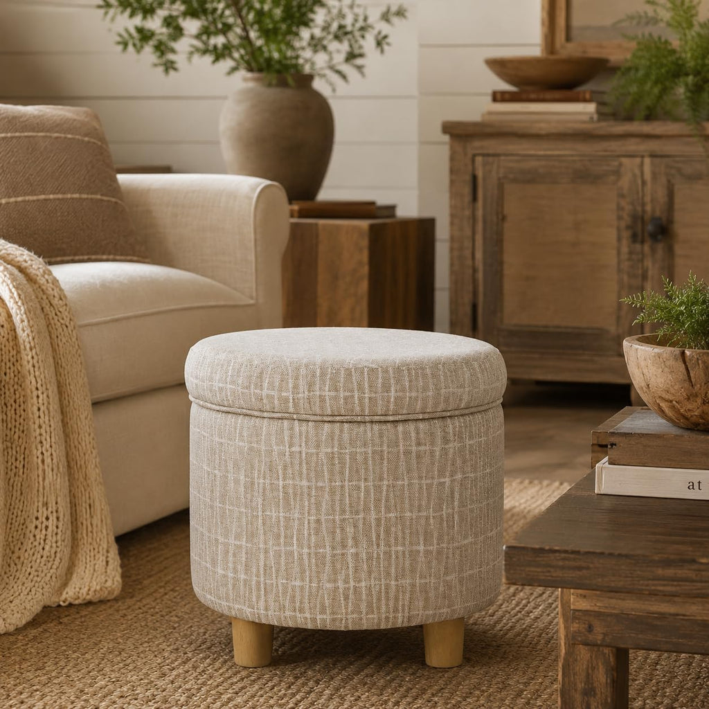 19" Round Storage Ottoman - Tan Geometric Pattern