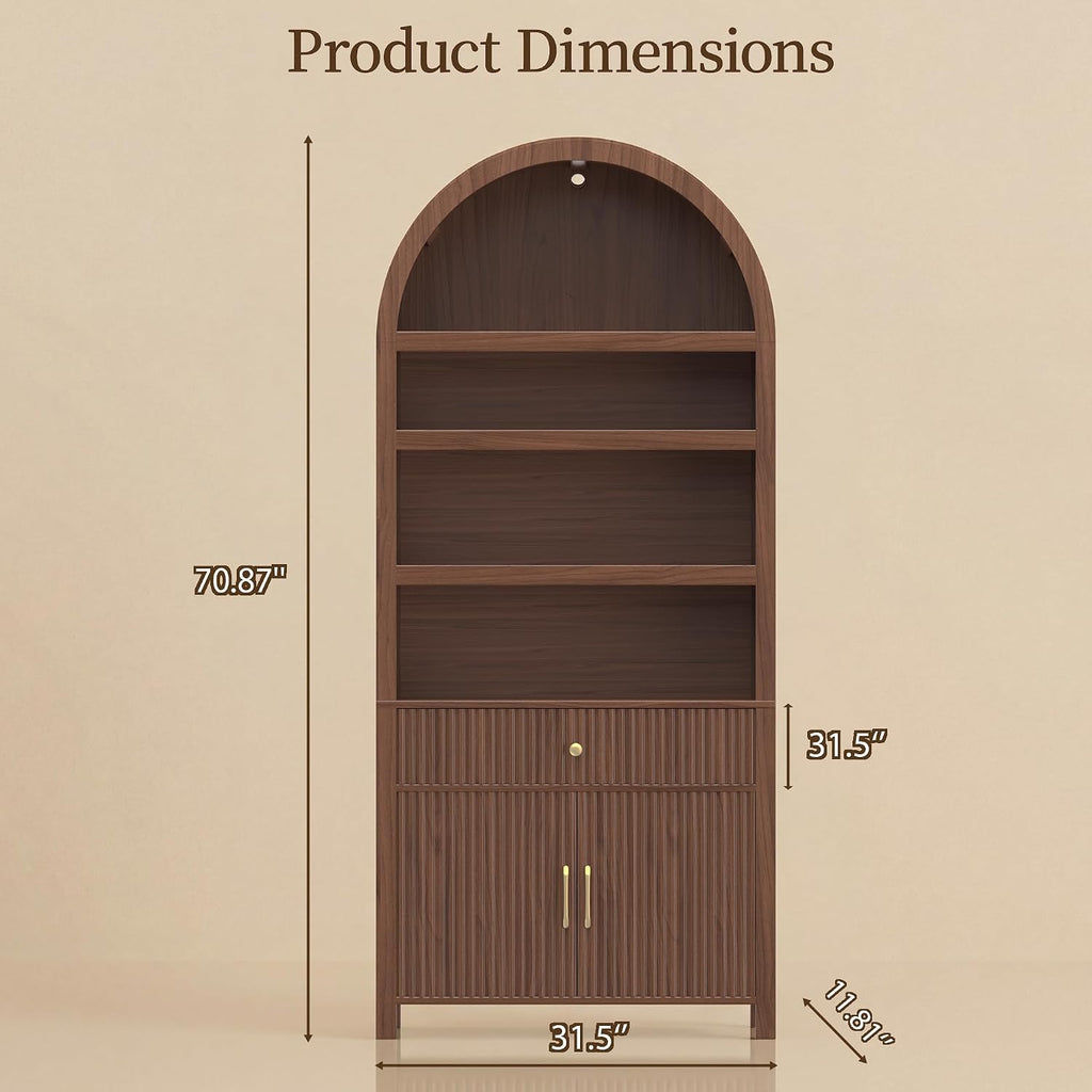 Book Shelf 70" Tall Bookcase with Drawer,7-Tier Arched Cabinet with Storage and Fluted Door,Mid-Century Modern