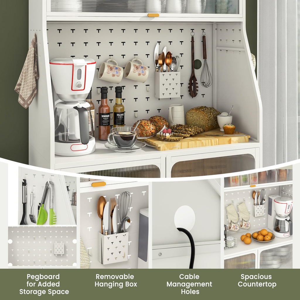 Pantry Organizers and Storage, 63.5" H Kitchen Buffet Cabinet with Hutch, Pegboard, 8 Hooks & 1 Hanging Storage Box
