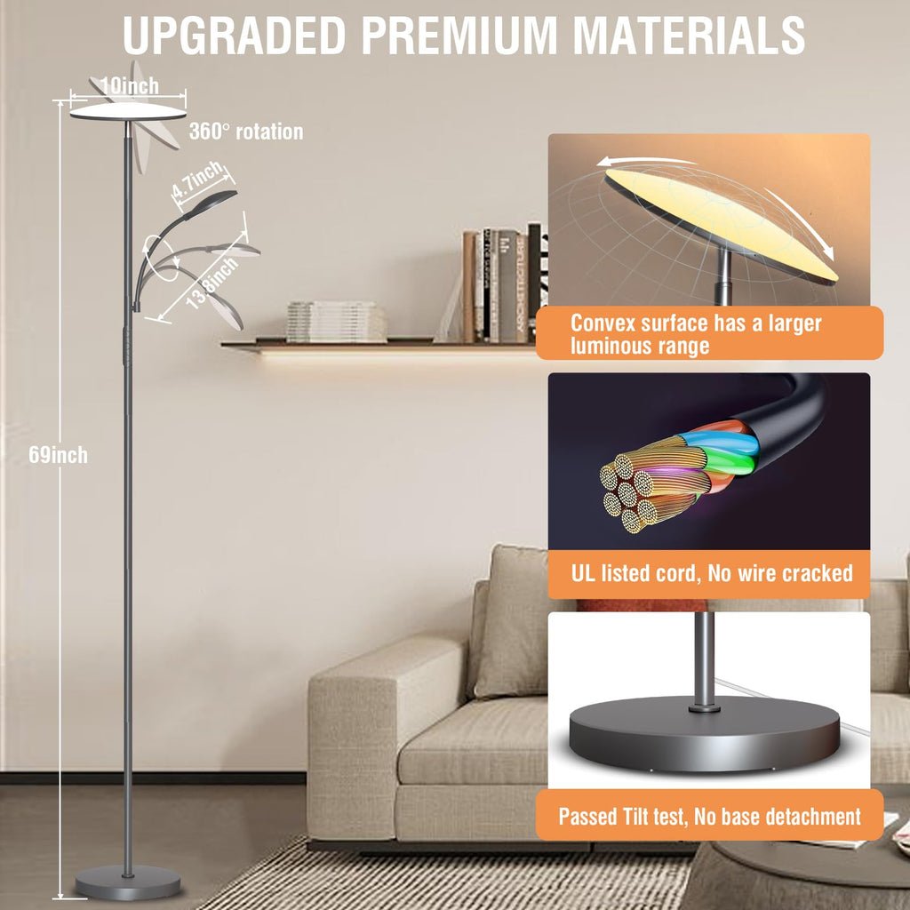 Gray Floor Lamps, 44W/4500LM Super Bright 2 in 1 LED Floor Lamp with Remote, Stepless Dimmable, 69" Tall Standing