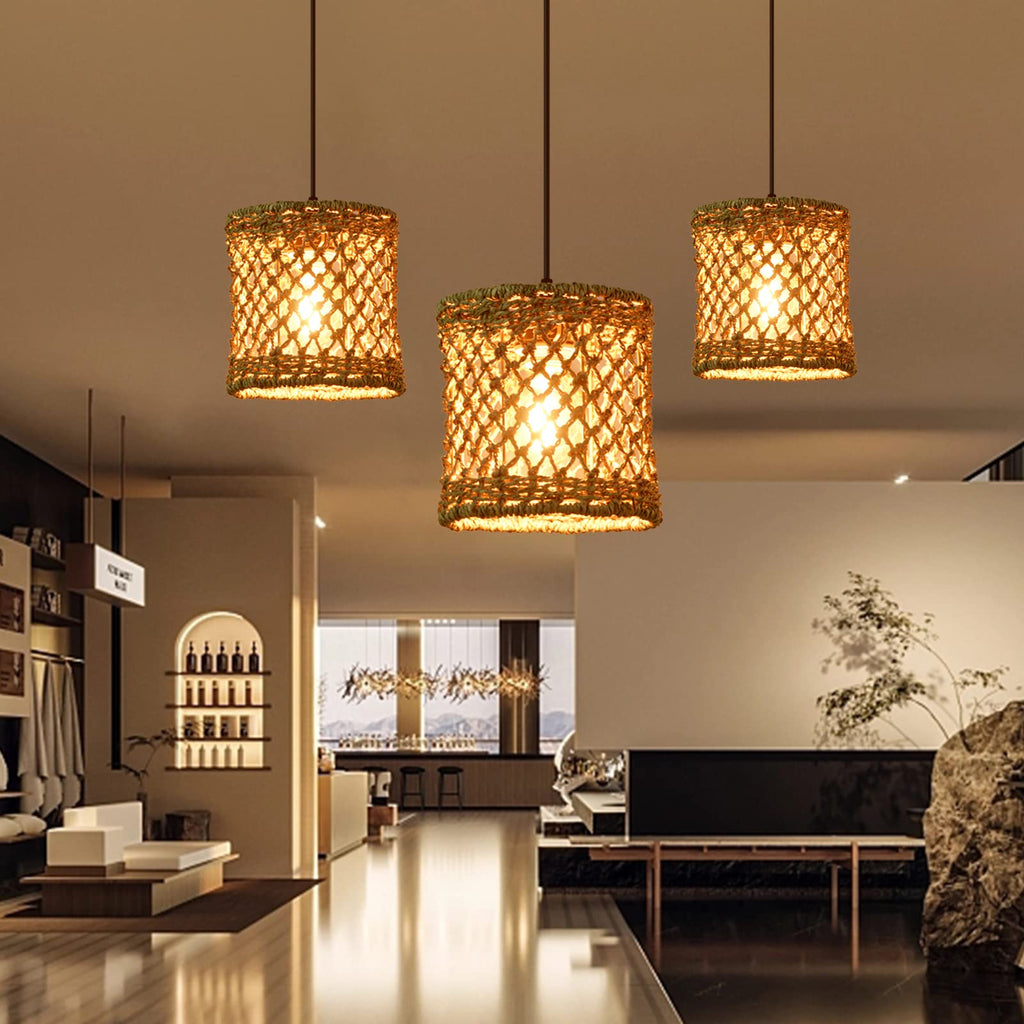 Boho Hand Woven Rattan Pendant Light Fixture, Mini Farmhouse Natural Chandelier Lighting, Retro Wicker Hanging Lamp