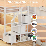 Low Bunk Bed Twin Over Twin with Storage Staircase, RGB LED Lights, Drawers & Shelves