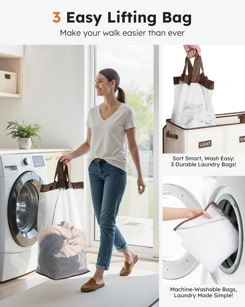 200L 3-Section Laundry Hamper with Lid, Extra Large Dirty Clothes Basket with Sturdy Handles for Laundry Room &