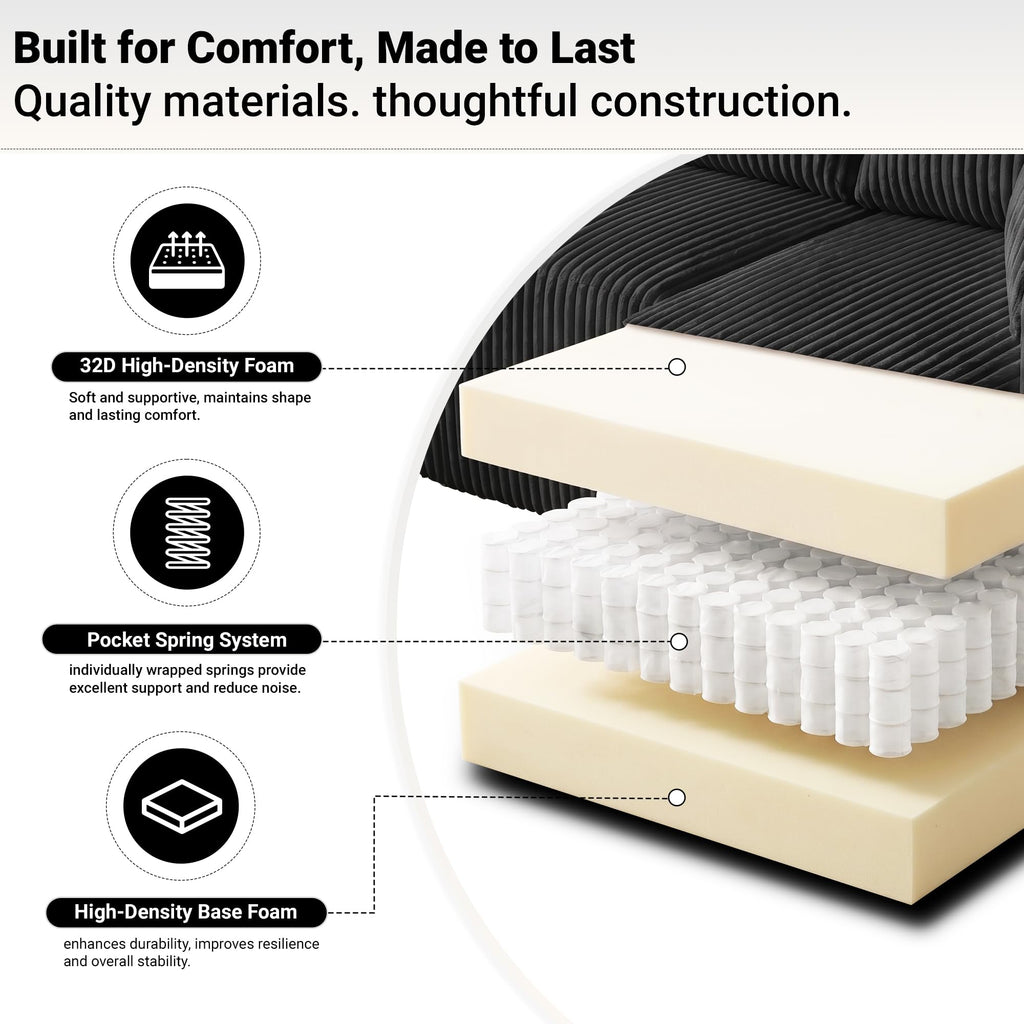 124" Cloud Boneless Couch, Oversized Sectional Couches, Modern Modular Couch with Cup Holders, Black Comfy Corduroy U