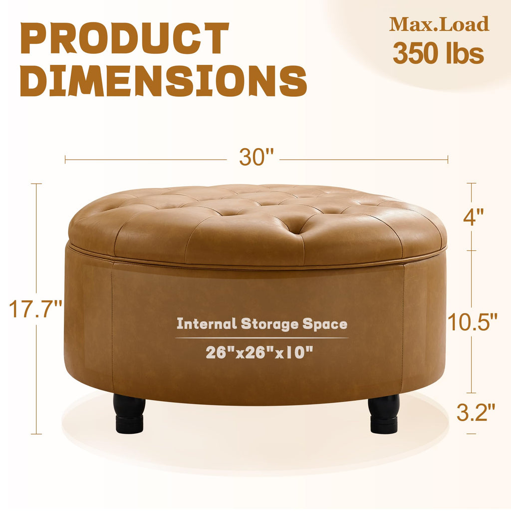 30-Inch Round Storage Ottoman, Leather Ottoman(Bright Orange)