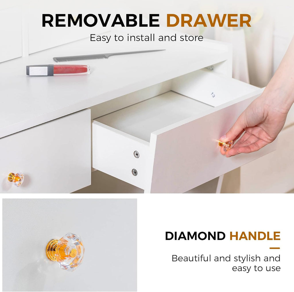 Vanity Desk with LED Lights Mirror & Power Outlet, Small Makeup Vanity Table Set with 5 Storage Drawers, 3 Lighting