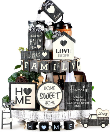 Farmhouse Tiered Tray Decor Home Wooden Signs Rustic Home Tiered Tray Decorations Sweet Vintage House Tabletop - Set of 18