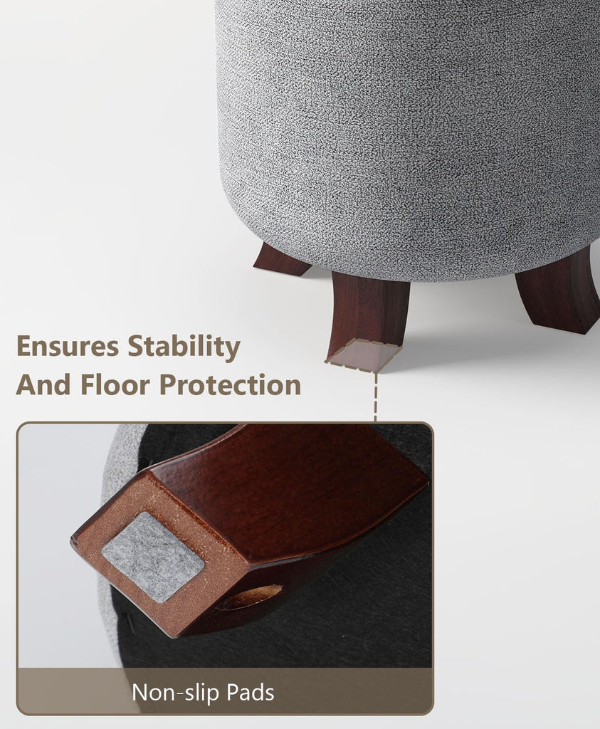Round Storage Ottoman Bench, Light Gray, 16 Inches | Multi-Functional Ottoman Foot Rest, End of Bed Bench, Storage