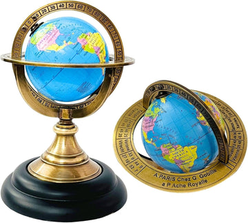 5.10" Nautical Brass Armillary Sphere World Globe with Aqua Blue Map, Jet Black Wooden Base - Elegant, Durable Decor