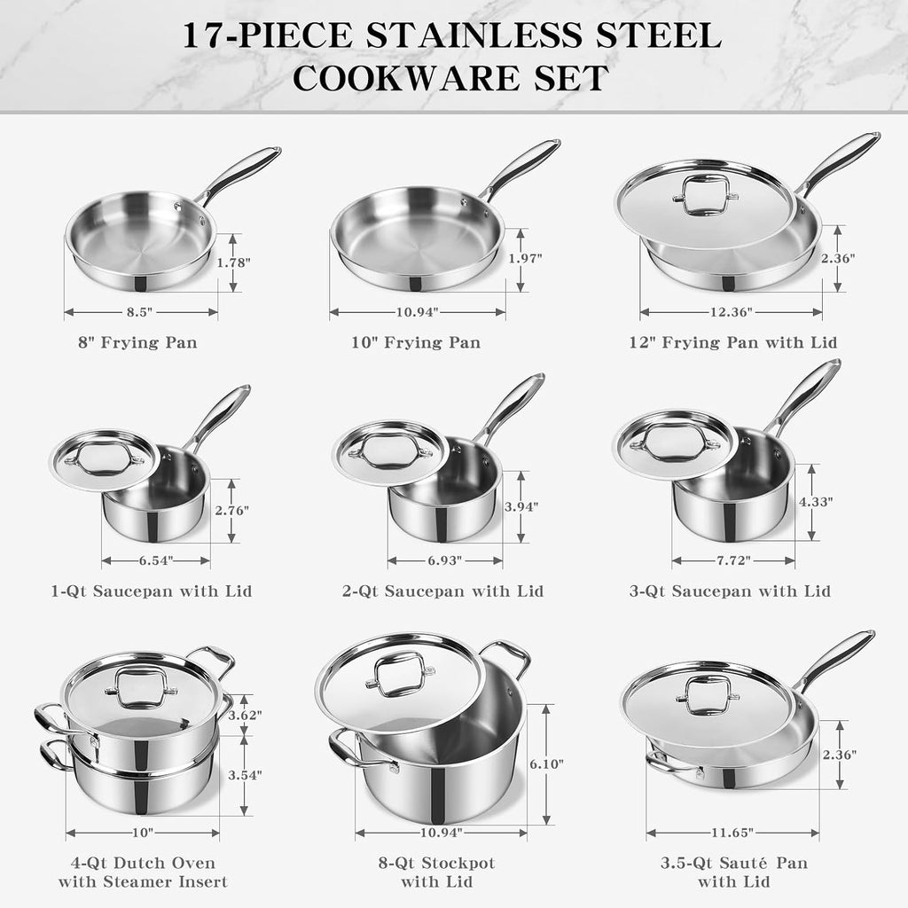 Stainless Steel Cookware Set, 3 Ply 17 Piece Stainless Steel Pot and Pan Set, Oven Dishwasher Safe | Induction