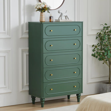 Fluted 5 Drawer, Mid Century Modern Chest of Drawers, Wood Storage Large Organizer Living Room Hallway Closet, Green