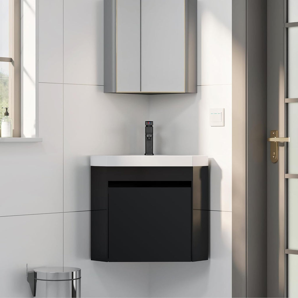 22" Corner Bathroom Vanity with Sink – Wall-Mounted Floating Cabinet for Small Spaces, White Resin Sink with Matte Black Faucet, Black