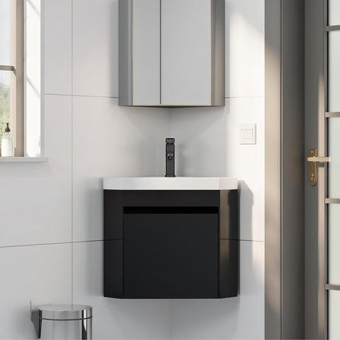 22" Corner Bathroom Vanity with Sink – Wall-Mounted Floating Cabinet for Small Spaces, White Resin Sink with Matte Black Faucet, Black