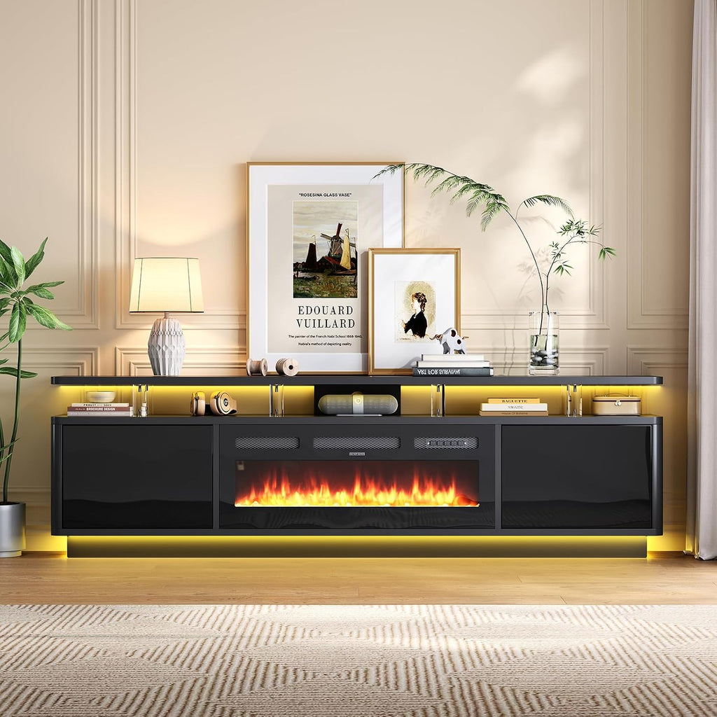 80" Fireplace TV Stand for Living Room, 36" Electric Fireplace with Adjustable Flames & Double LED Lights, Remote