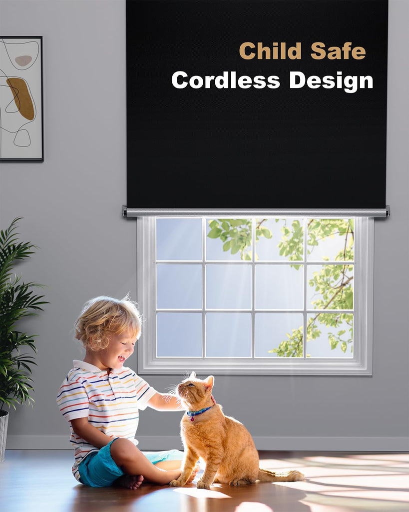 100% Blackout Roller Shades, Cordless No Tools No Drill Blinds for Indoor Windows, Thermal Insulation UV Protection