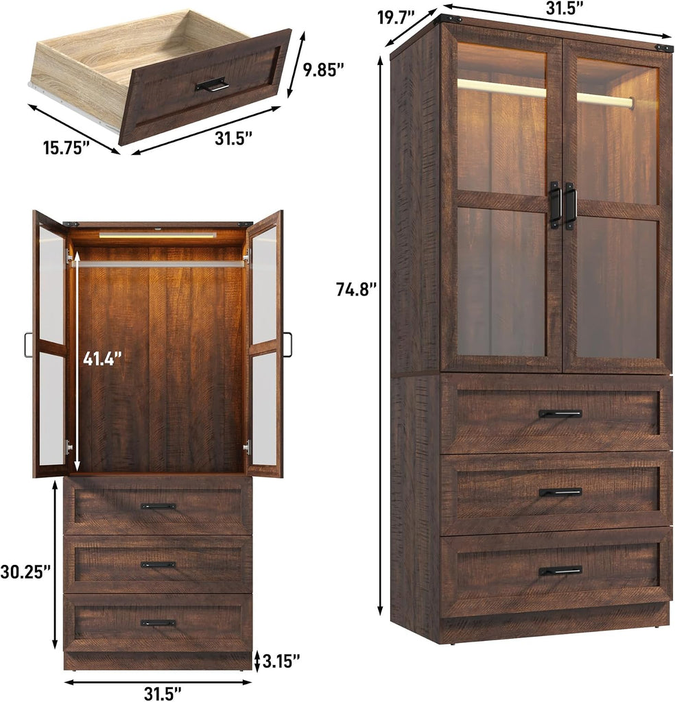 75" Tall Farmhouse 2 Doors Armoire Wardrobe Closet with 3 Drawers and LED,Freestanding Closet Wardrobe Cabinet with