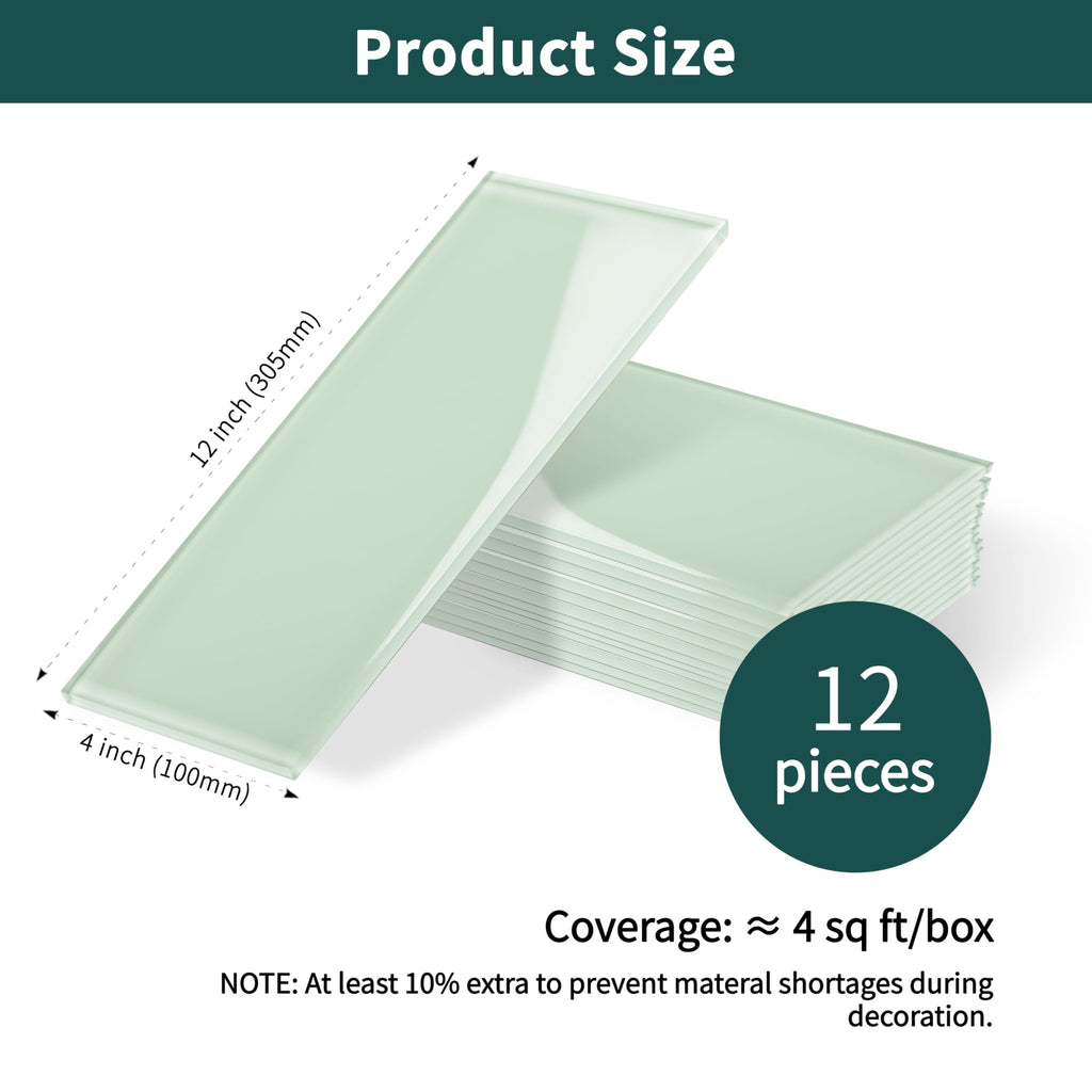 Light Green Glass Subway Tile, Glass Kitchen Shower Backsplash Wall, 4 x 12 Inches, 12Pcs, 4 Sq.Ft.