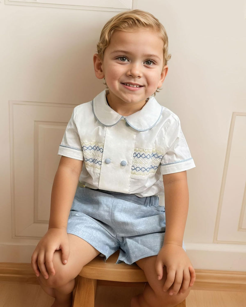 Smocked toddler boy outfits Summer Cotton Short Sleeve boys' button-down shirts Casual 2 piece Clothing Set