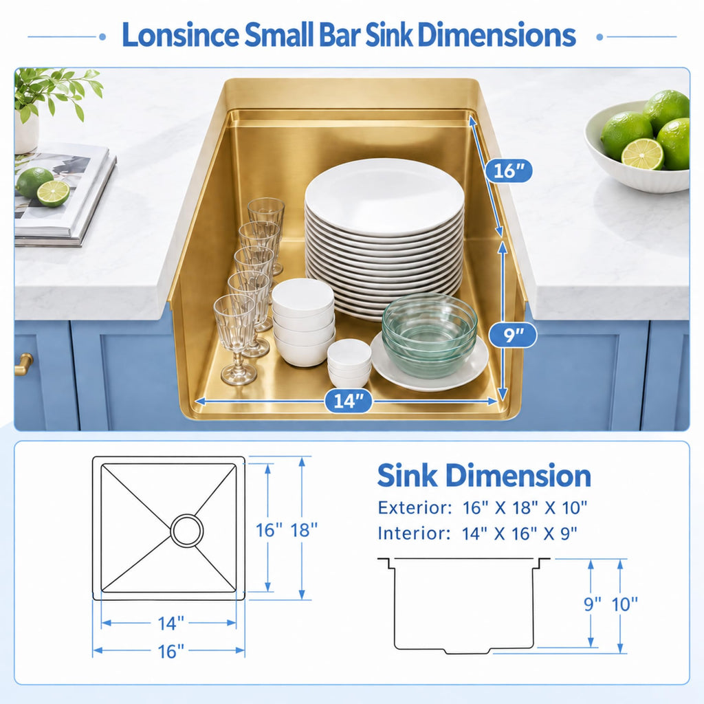 Gold Bar Sink Undermount, 16" X 18" Bar Prep Sink with Workstation