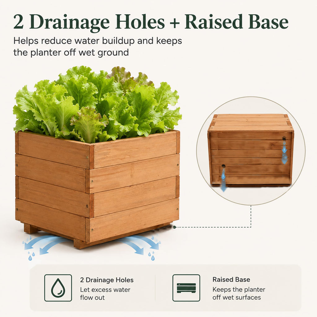 15.75" Square Wooden Planter Box, Fir Wood Planters for Outdoor Plants