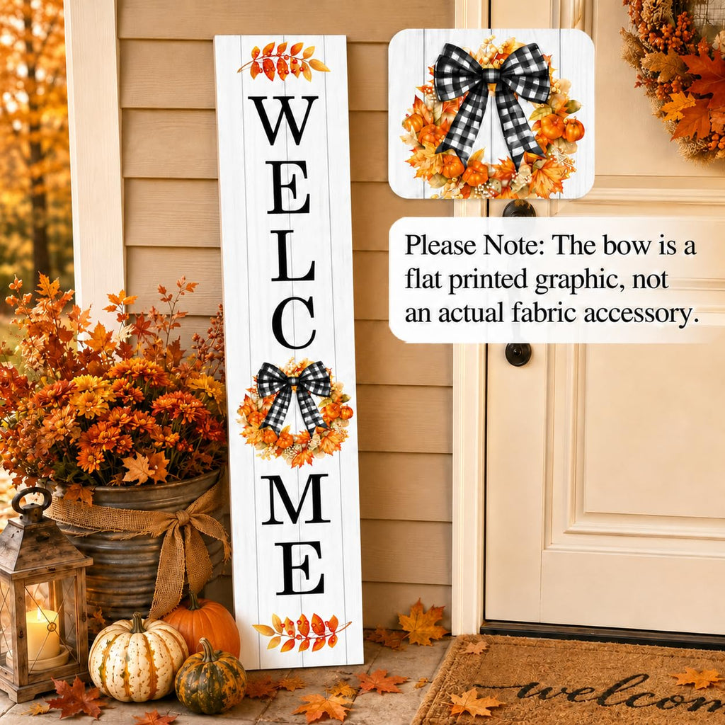 Fall Wreath Welcome Porch Sign, Buffalo Plaid Bow Signs for Front Porch, Fall Leaves Door Sign Yard, Pumpkins