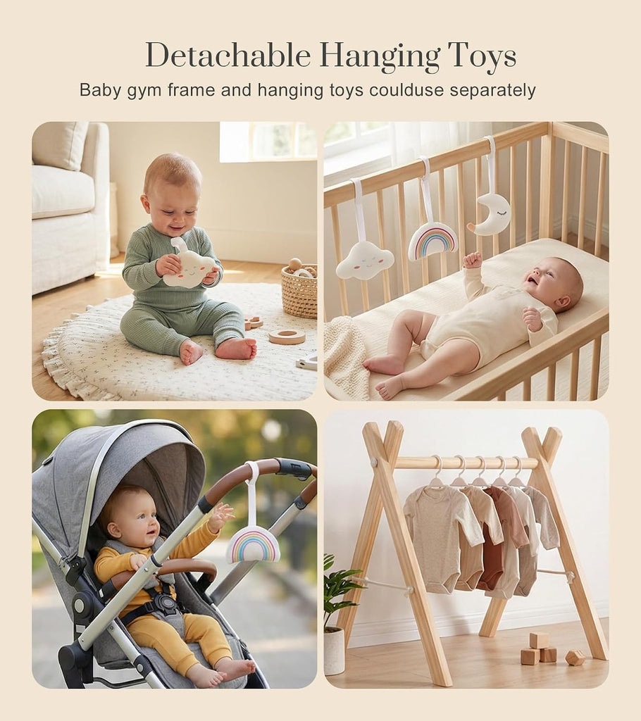 Wooden Baby Gym with 6 Gym Toys, Foldable Baby Play Gym, Natural Pine Wood Play Gym, Frame Activity Center Hanging