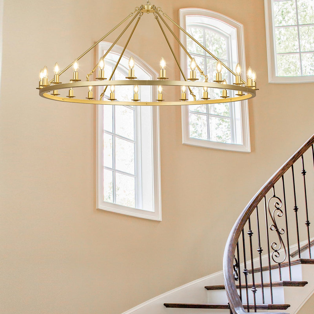 Gold Wagon Wheel Chandelier 53-Inch 24-Light, Extra Large Round Rustic Farmhouse Chandelier Metal Circle Chandeliers