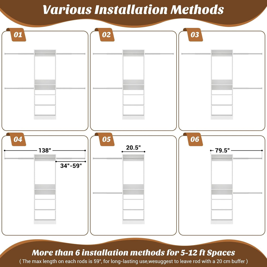 12FT Large Open Closet System, 138'' Wall-Mounted Closet Shelving with 5 Hanging Rods and 6 Shelves, Customizable