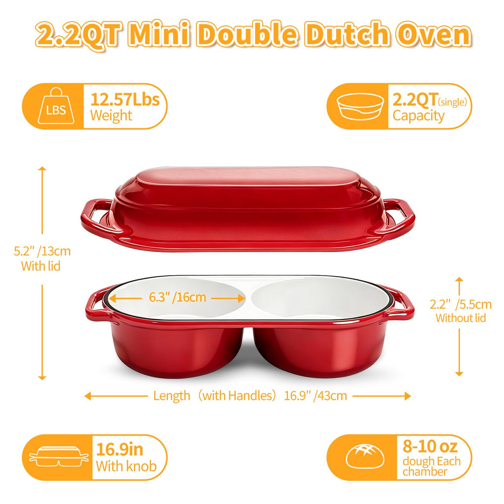 Mini Double Dutch Oven For Sourdough Bread Baking, 2.2QT Enameled Cast Iron