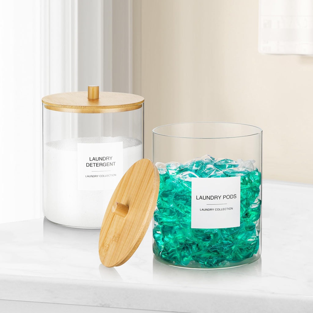 Glass Jars for Laundry Room Organization, Laundry Pods Container with 27 Labels, Detergent Holder with Bamboo Lid
