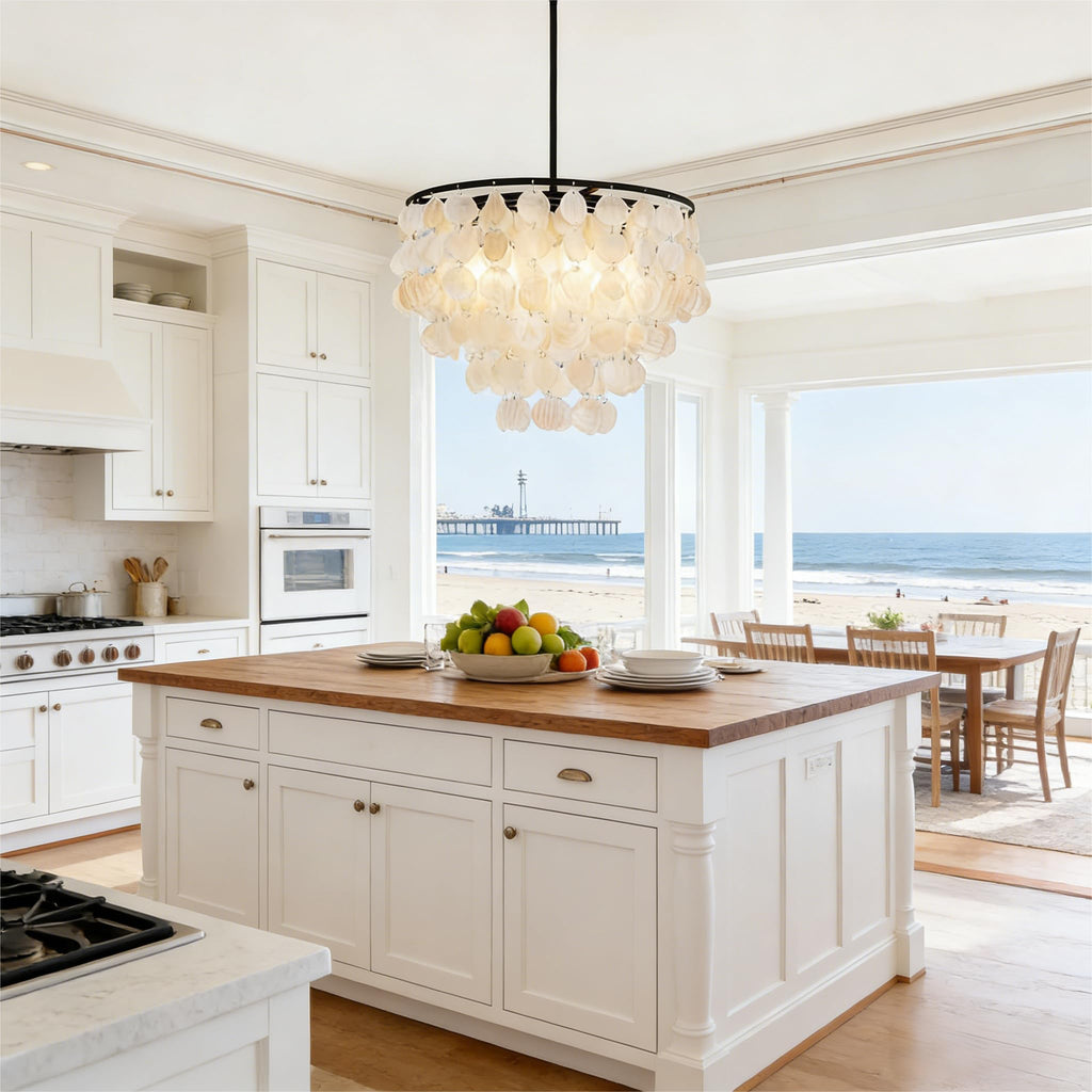 4-Lights Capiz Shell Chandelier - 17.7" Coastal Chandelier For Dinning Room, Beach House Modern Black Light Fixture