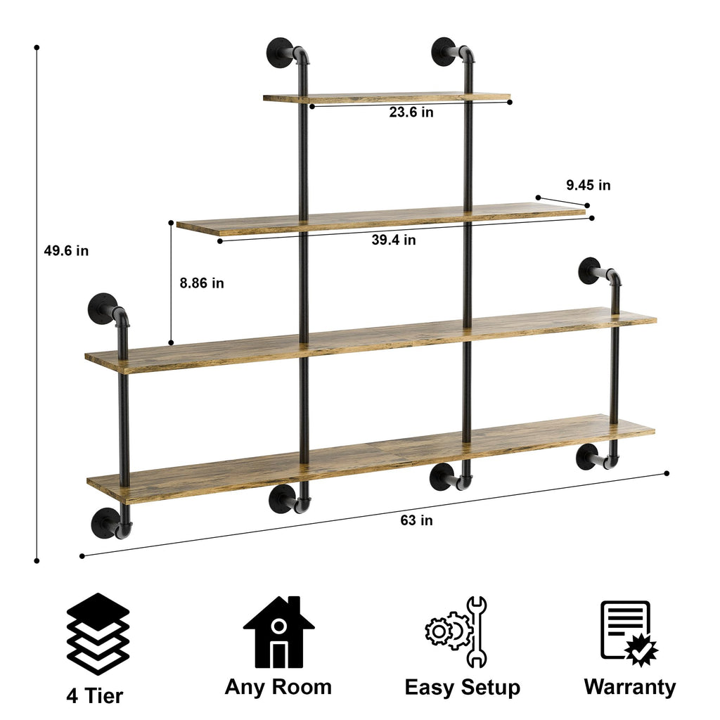 Industrial Pipe Shelving, 4 Tier Rustic Wooden Floating Shelves, Wall Display Bookshelf, Storage Rack Sundries Holder