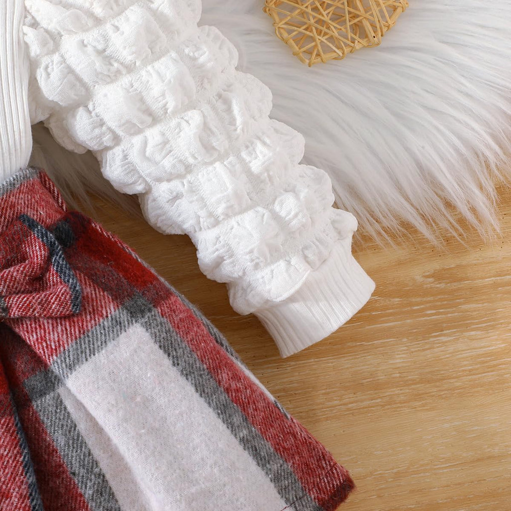 Christmas Toddler Baby Girl Plaid Dress Puff Sleeve Bow Patchwork Ribbed Shirts Dress Plaid Fall Winter Outfits (Red
