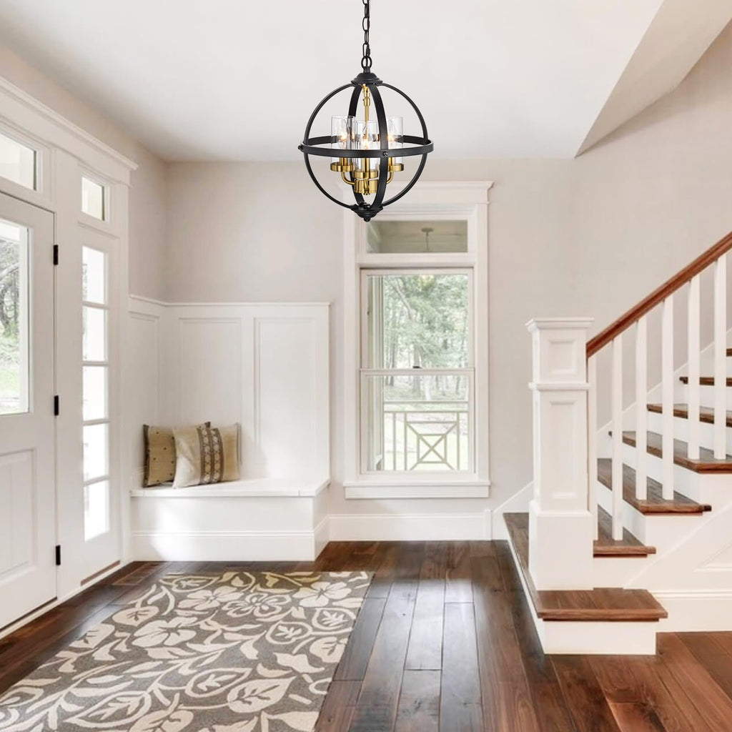 Rustic Chandelier, 14" Farmhouse Globe Orb Pendant Light, Vintage Black and Gold 3-Light E12 Adjustable Ceiling