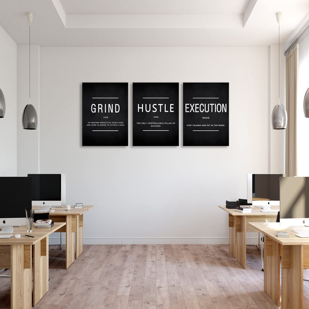 Motivational Wall Decor Grind Hustle Execution Wall Art Office Wall Decor Posters for Men 3 Pieces Framed Canvas Wall