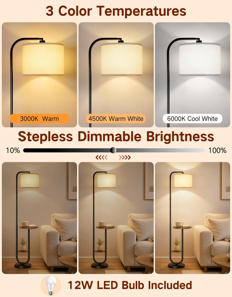 Floor Lamp with Table, Remote Control, Foot Switch, Dimmable Standing Lamp with 3 Color Temperatures, Rotatable