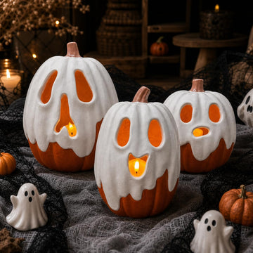 Halloween Decorations - 9.45" H Resin Ghost Pumpkin with Flameless Candle Outdoor - Cute Spooky Decoration