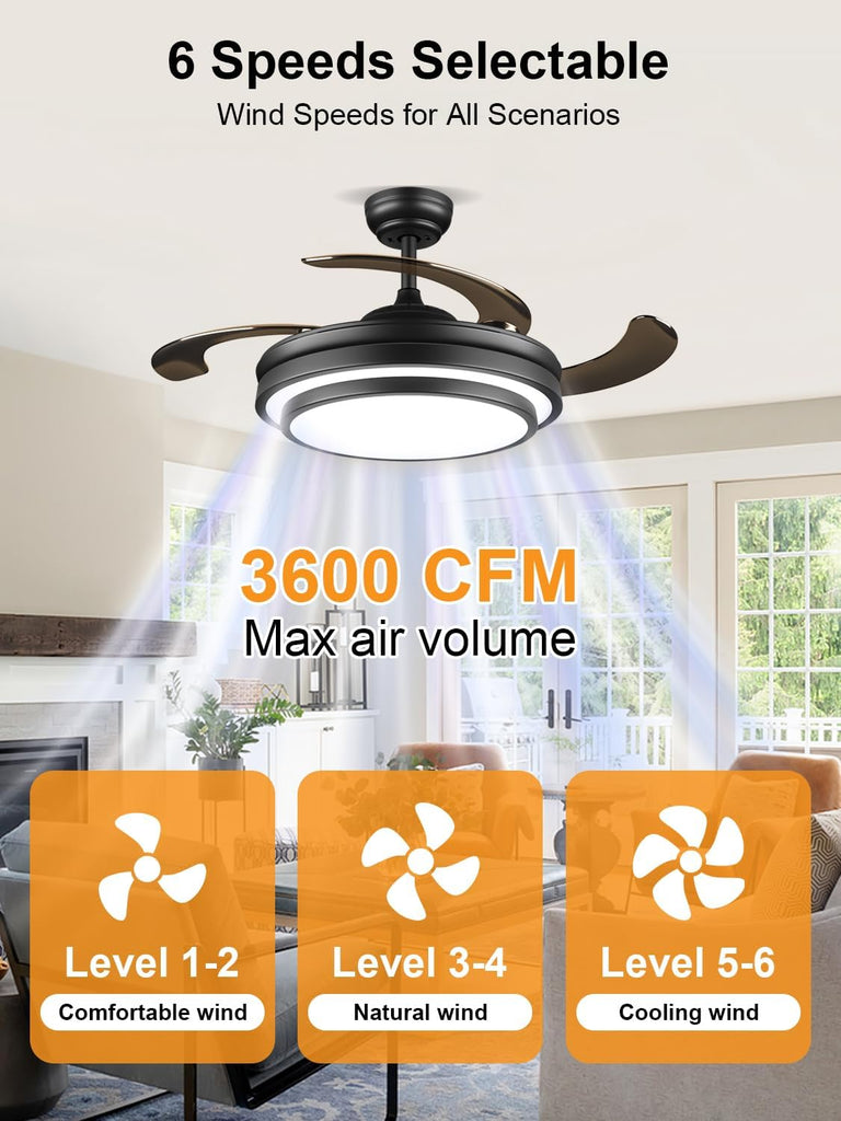 42 Inch Black Modern Ceiling Fan with Lights and APP Control,Retractable Fandelier Celing Fan with Light, 6