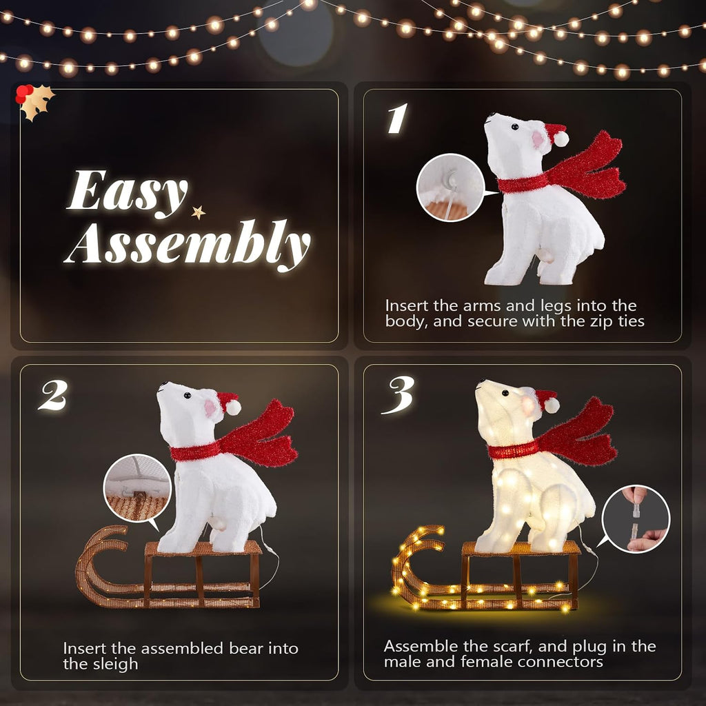 2.8FT Lighted Sleigh Polar Bear Christmas Outdoor Decorations, Christmas Yard Decorations with 104 Prelit LED, Light