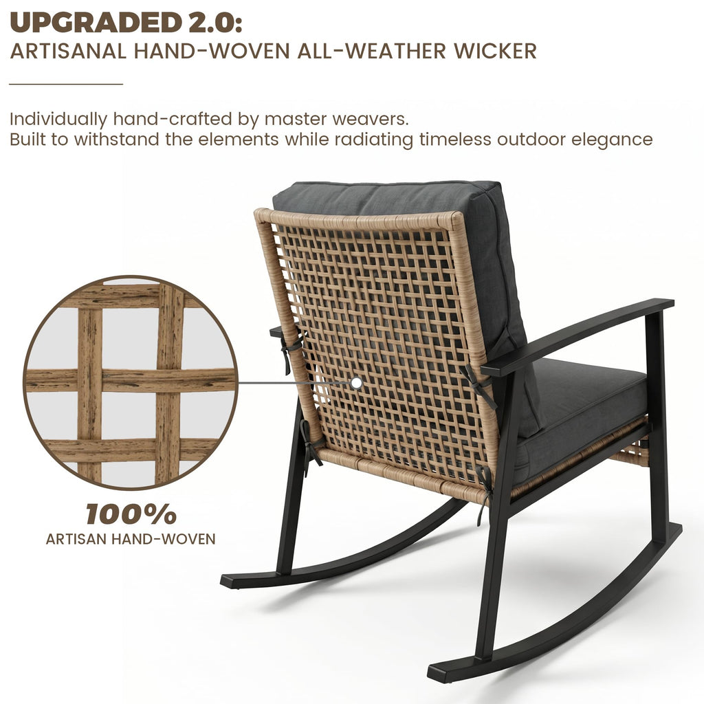 3-Piece Patio Rocking Chairs Set of 2, Rocking Chair Bistro Set [Upgraded 2.0] & 2-Tier Coffee Table, Wicker Rocking