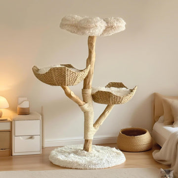 Modern Cat Tree Tower, 45" Wooden Cat Tree for Indoor Cats Large Adult, Real Solid Luxury Cat Condo with Scratching