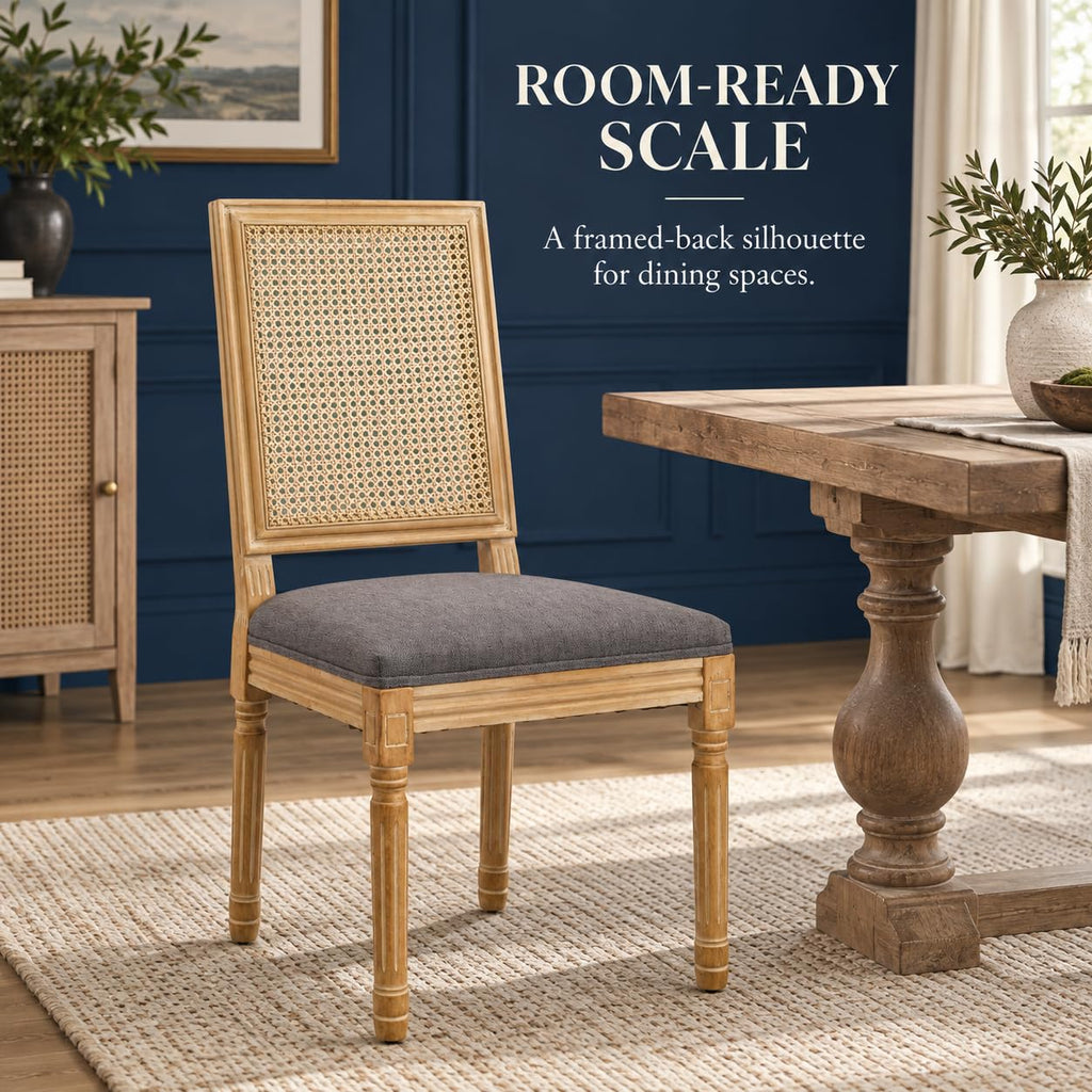 Vintage French Country Dining Chairs Set of 4, Rattan Dining Chairs with Solid Wood Legs, Gray Upholstered Chair with