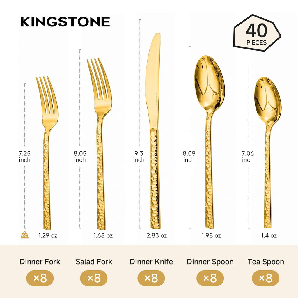 40 Piece Gold Silverware Set, 18/10 Stainless Steel Hammered Flatware for 8