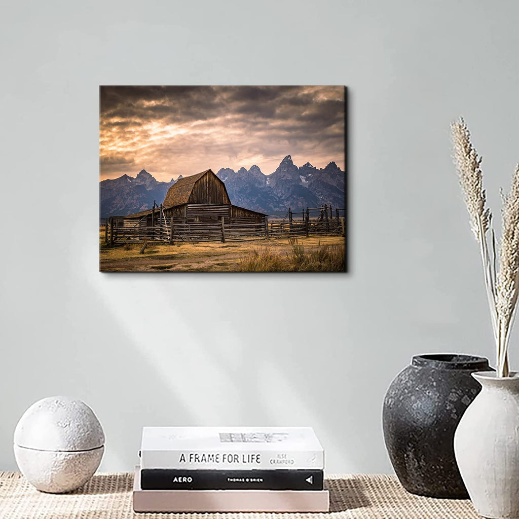 Grand Teton National Park Canvas Wall Art Sunset Moulton Barn Landscape Wall Decor, Wyoming Nature Mountains Scenery