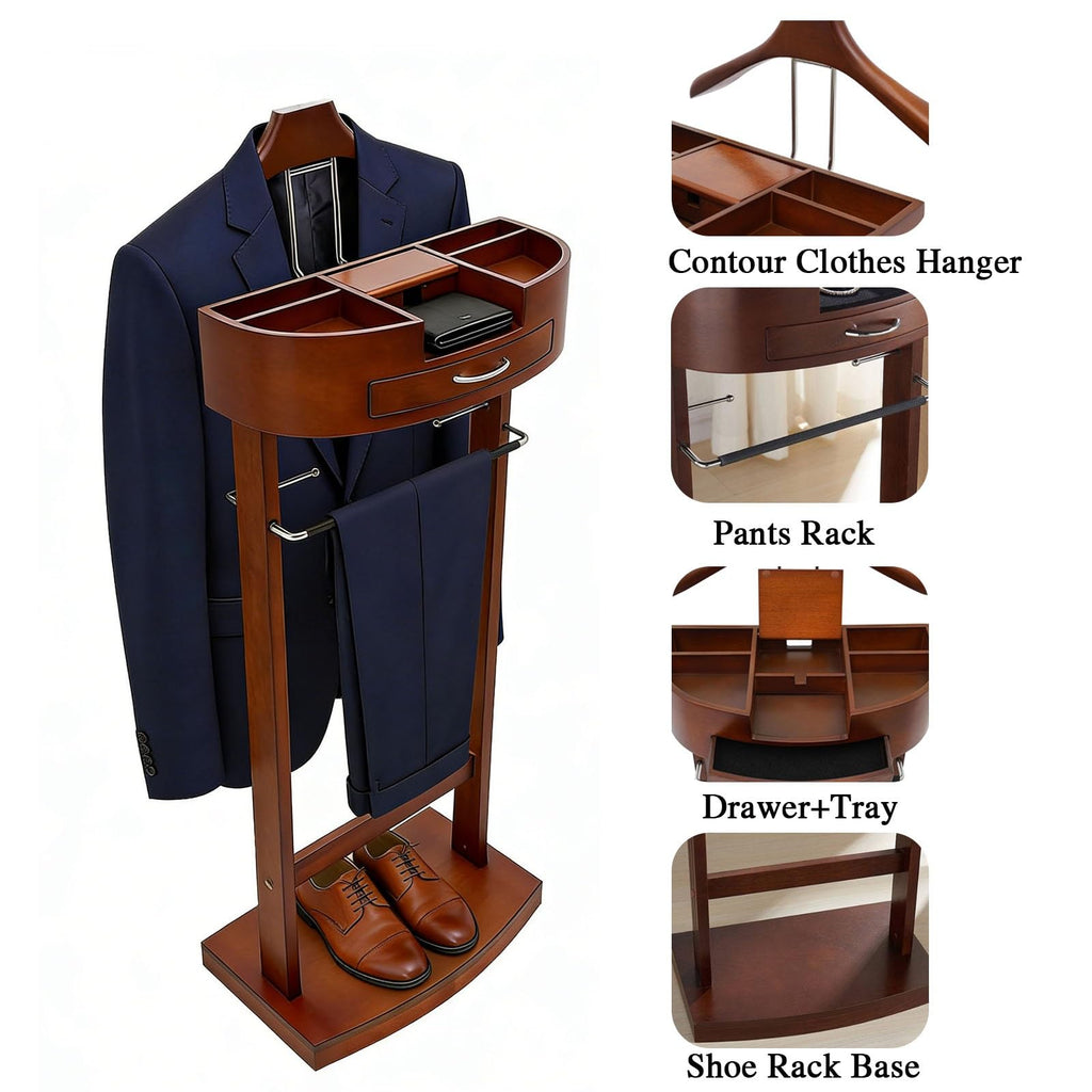 Wooden Valet Stand for Men and Women, Freestanding Suit Organizer with Drawer, Tray & Trouser Bar, Clothes Valet