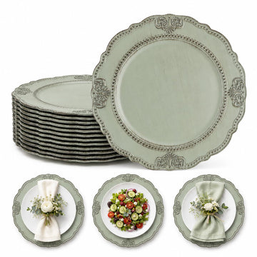 12PCS Antique Sage Green Charger Plates Bulk- 13in Heavy Duty Chargers for Dinner Plates- Round Plastic Plate