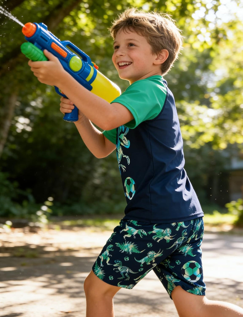 Boys Short Sleeve Rash Guard Swimsuit Set with Swim Trunks